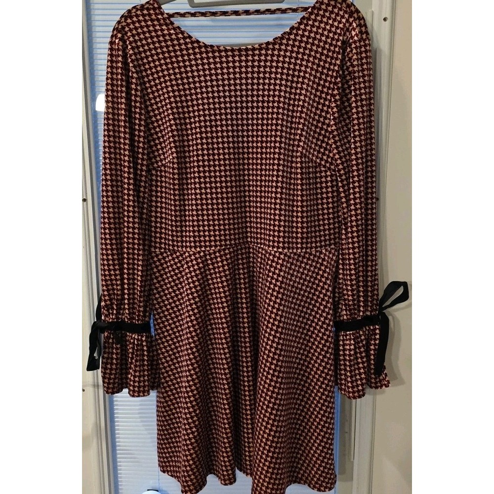 Xhilaration Velvet Red White Houndstooth Babydoll L Dress Bell Chirstmas Party